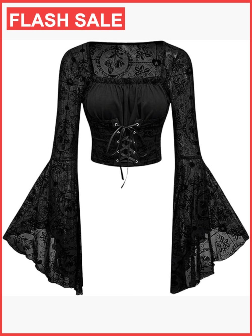 Sheer Mesh Grunge Long Bell Sleeve Lace Tops Going Out T-Shirt